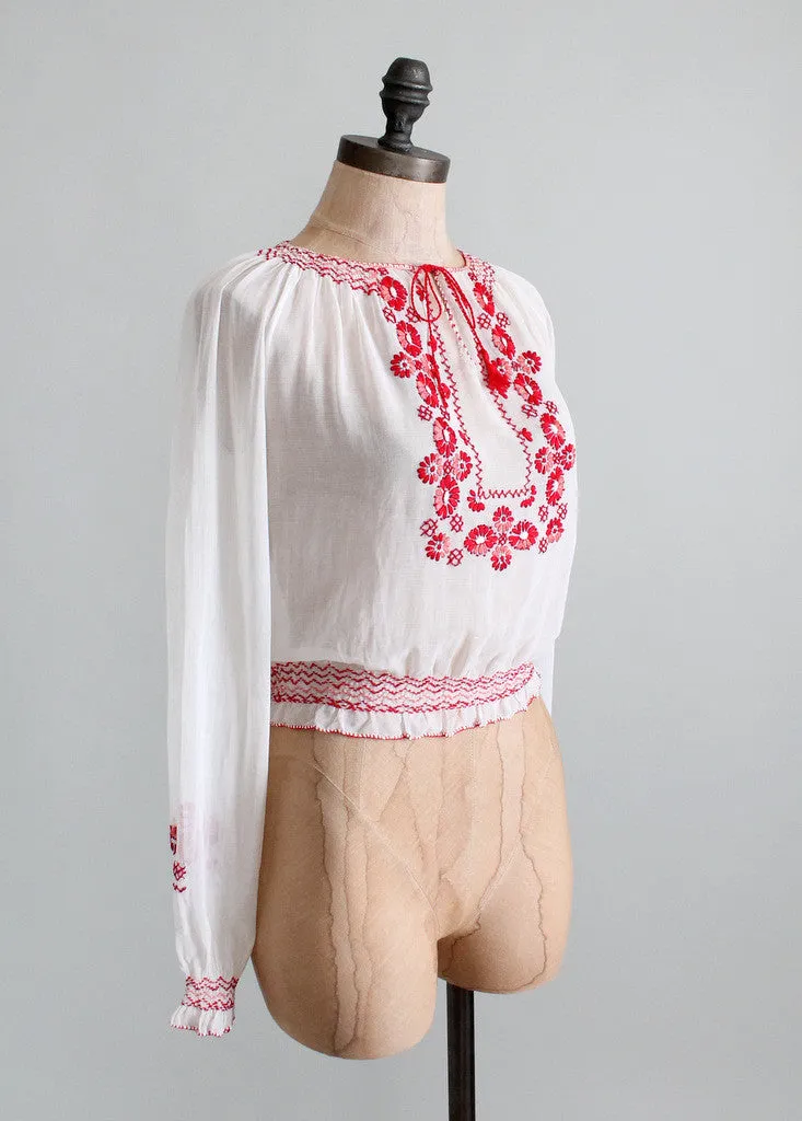 Vintage 1930s Embroidered Cotton Hungarian Folk Blouse