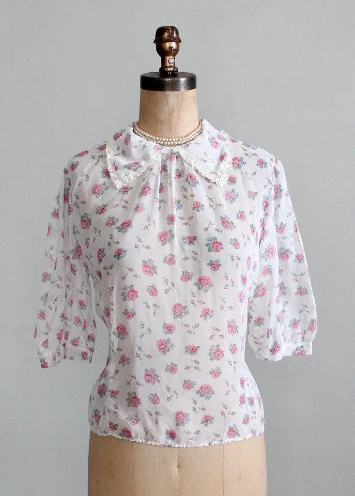 Vintage 1950s Sheer Floral Sweetheart Blouse