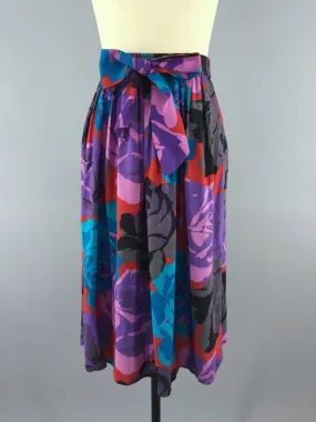 Vintage 1980s Purple Rose Floral Print Skirt