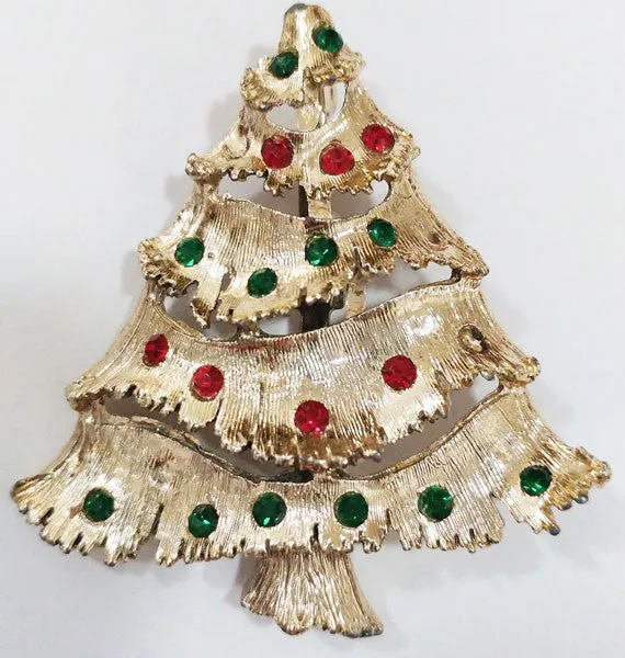 *VINTAGE '60s SPARKLING RED & GREEN RHINESTONE CHRISTMAS TREE PIN / BROOCH