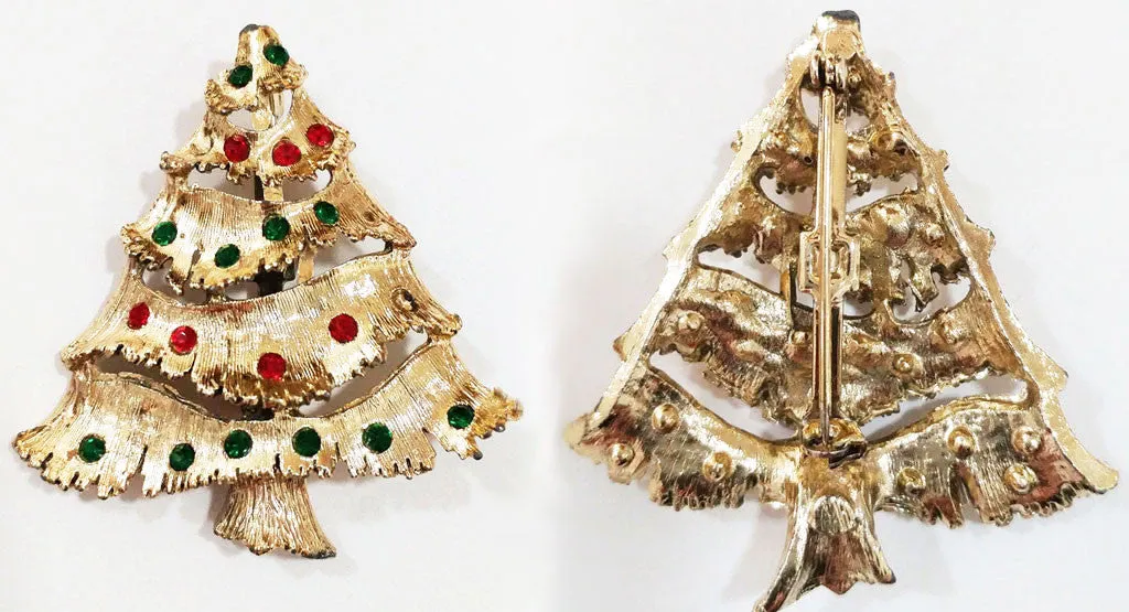 *VINTAGE '60s SPARKLING RED & GREEN RHINESTONE CHRISTMAS TREE PIN / BROOCH