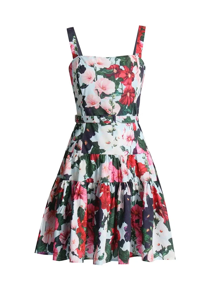 Vintage Floral Printing Camisole Dresses For Women Square Collar Sleeveless High Waist Backless Sexy Slimming Dress Female