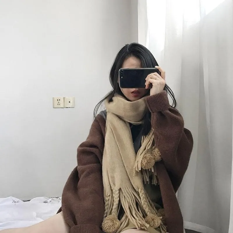 Warm Woolen Winter Autumn Pom Pom Knit Scarf