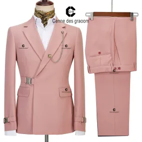 Wiaofellas Cenne Des Graoom New Coat Design Dapper Style Metal Side Release Buckle Pink Men Suits 2 Pieces Set Dinner Wedding Party