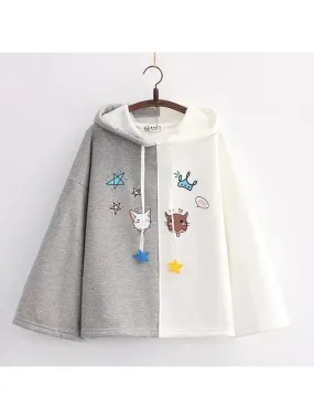 Winter Fashion Fleece Women Hoodies And Sweatshirts Sweet Style Cartoon Print Patchwork Long Sleeve Thick Hooded Pullover