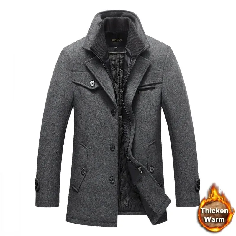 Winter Men's Casual Wool Trench Coat Fashion Business Medium Solid Thicken Slim Windbreaker Overcoat Jacket Male Plus Size 2XL JATJ05