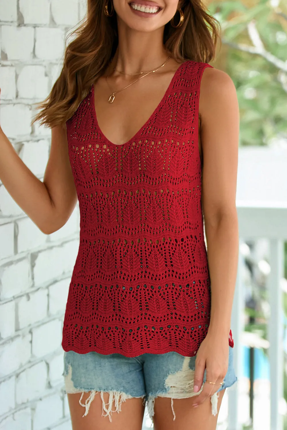 Womens V Neck Crochet Sleeveless Shirts Sweater Vest