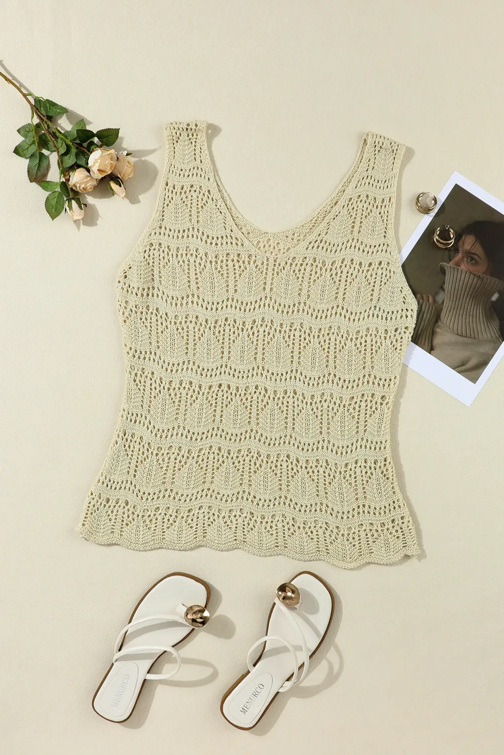 Womens V Neck Crochet Sleeveless Shirts Sweater Vest