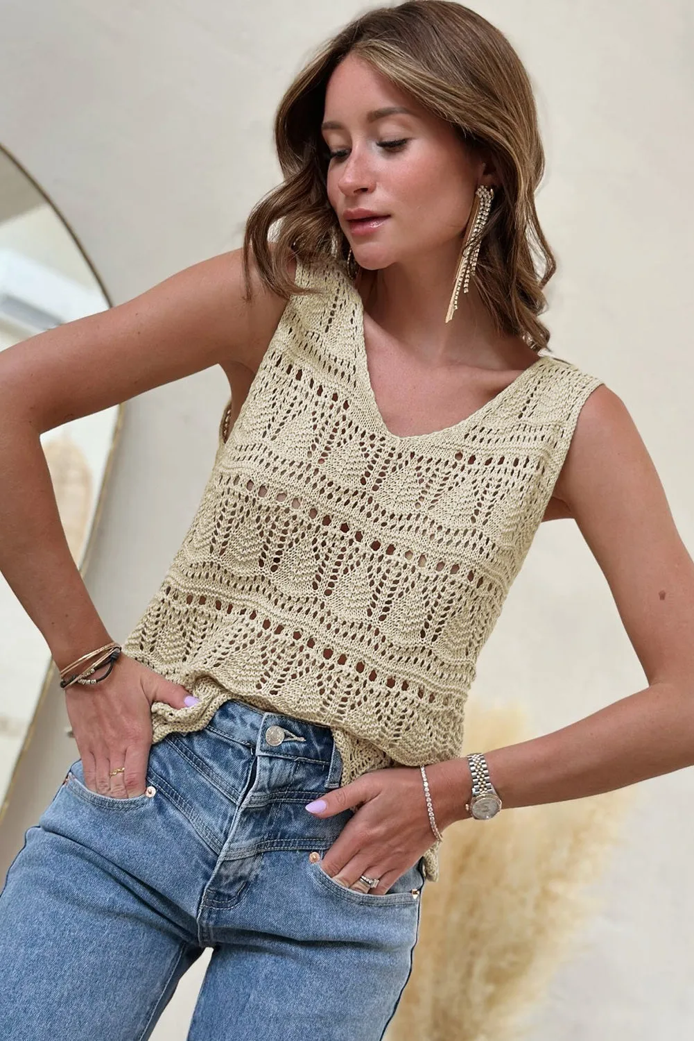 Womens V Neck Crochet Sleeveless Shirts Sweater Vest