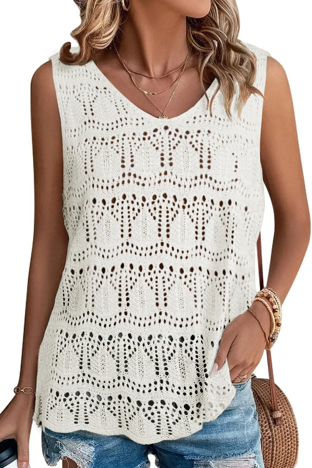 Womens V Neck Crochet Sleeveless Shirts Sweater Vest