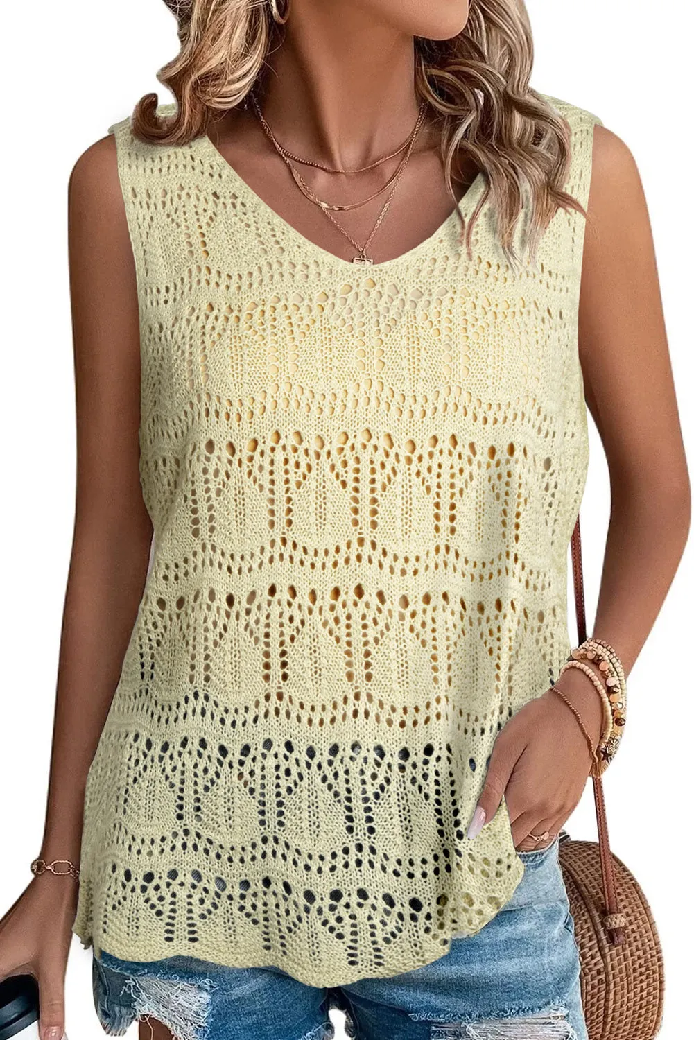 Womens V Neck Crochet Sleeveless Shirts Sweater Vest