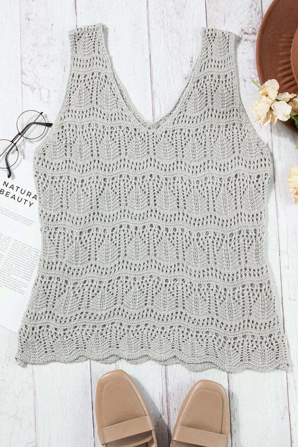 Womens V Neck Crochet Sleeveless Shirts Sweater Vest