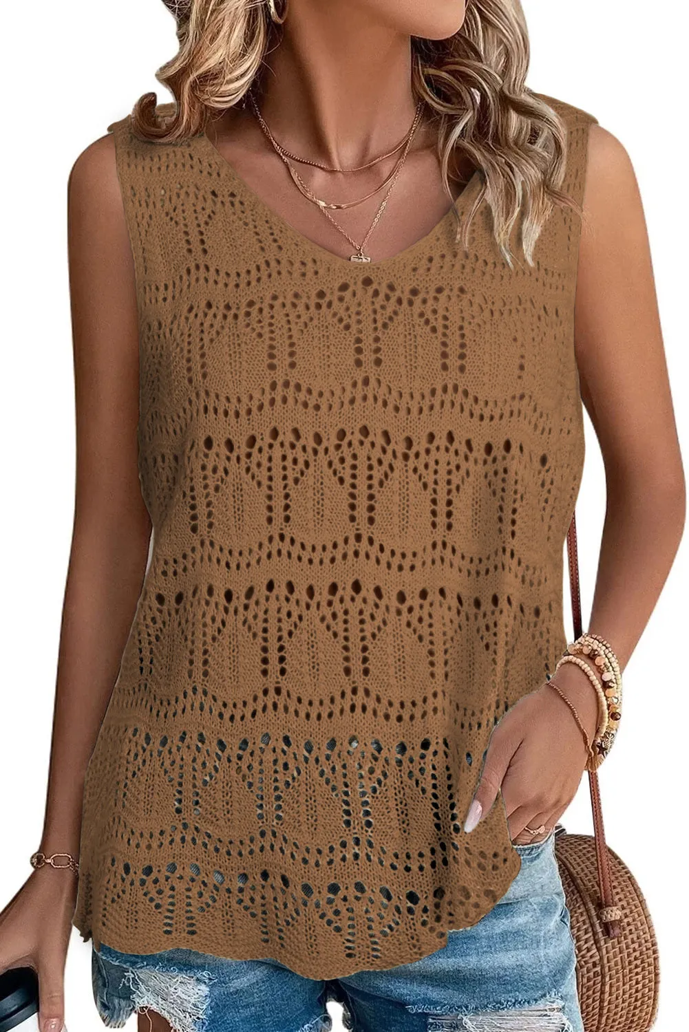 Womens V Neck Crochet Sleeveless Shirts Sweater Vest