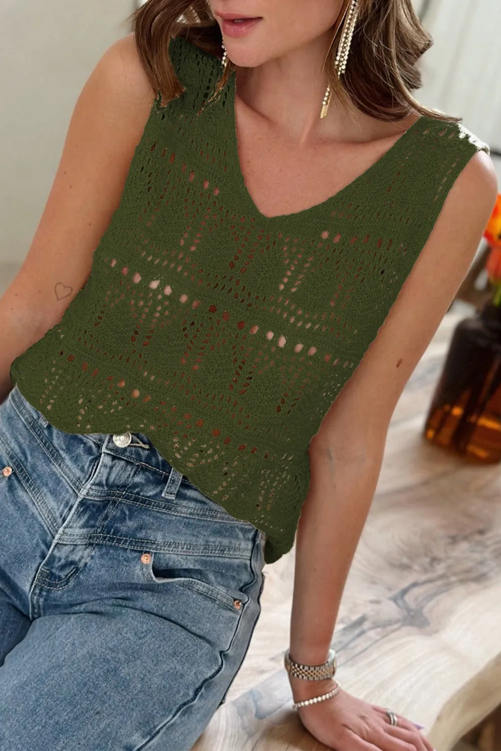 Womens V Neck Crochet Sleeveless Shirts Sweater Vest