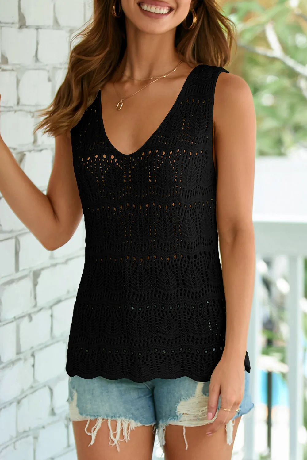 Womens V Neck Crochet Sleeveless Shirts Sweater Vest