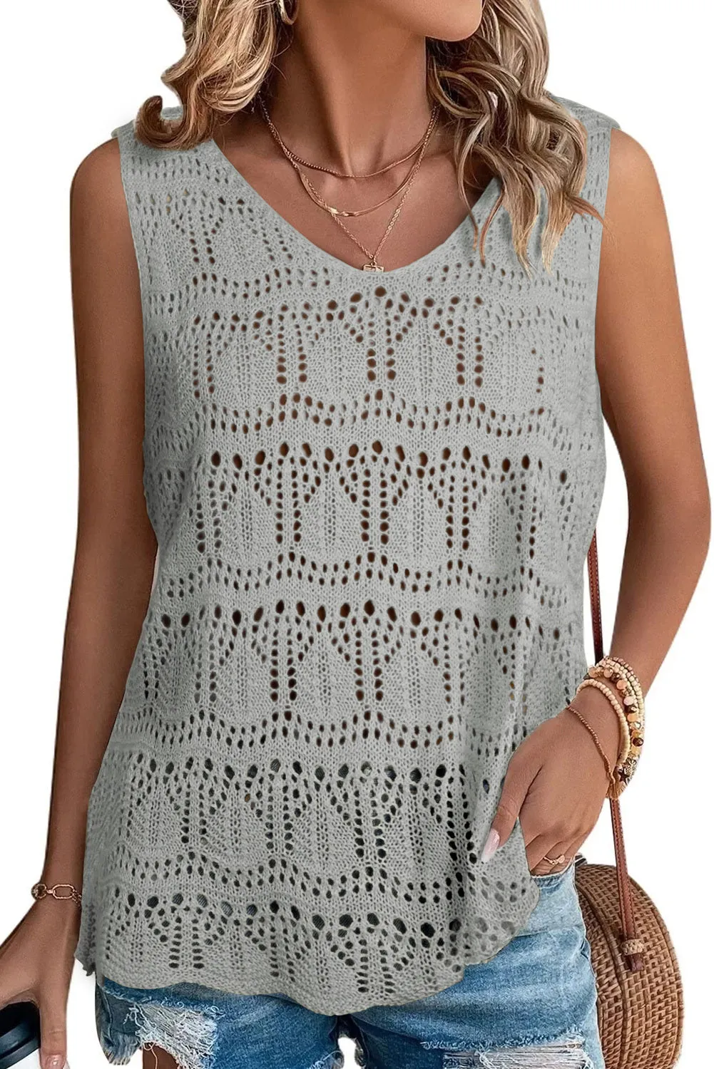 Womens V Neck Crochet Sleeveless Shirts Sweater Vest