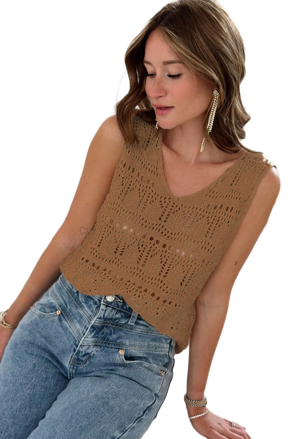 Womens V Neck Crochet Sleeveless Shirts Sweater Vest