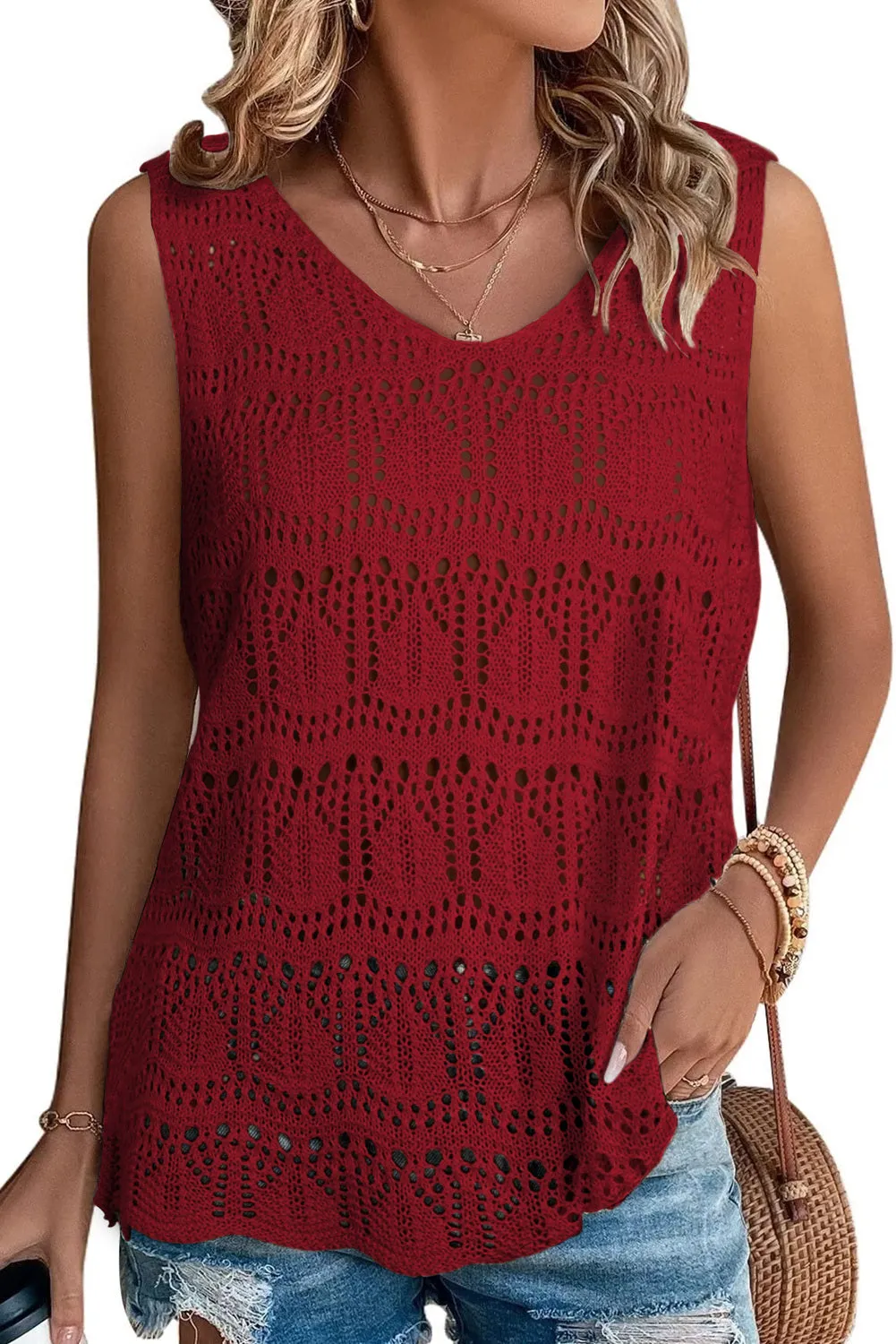 Womens V Neck Crochet Sleeveless Shirts Sweater Vest