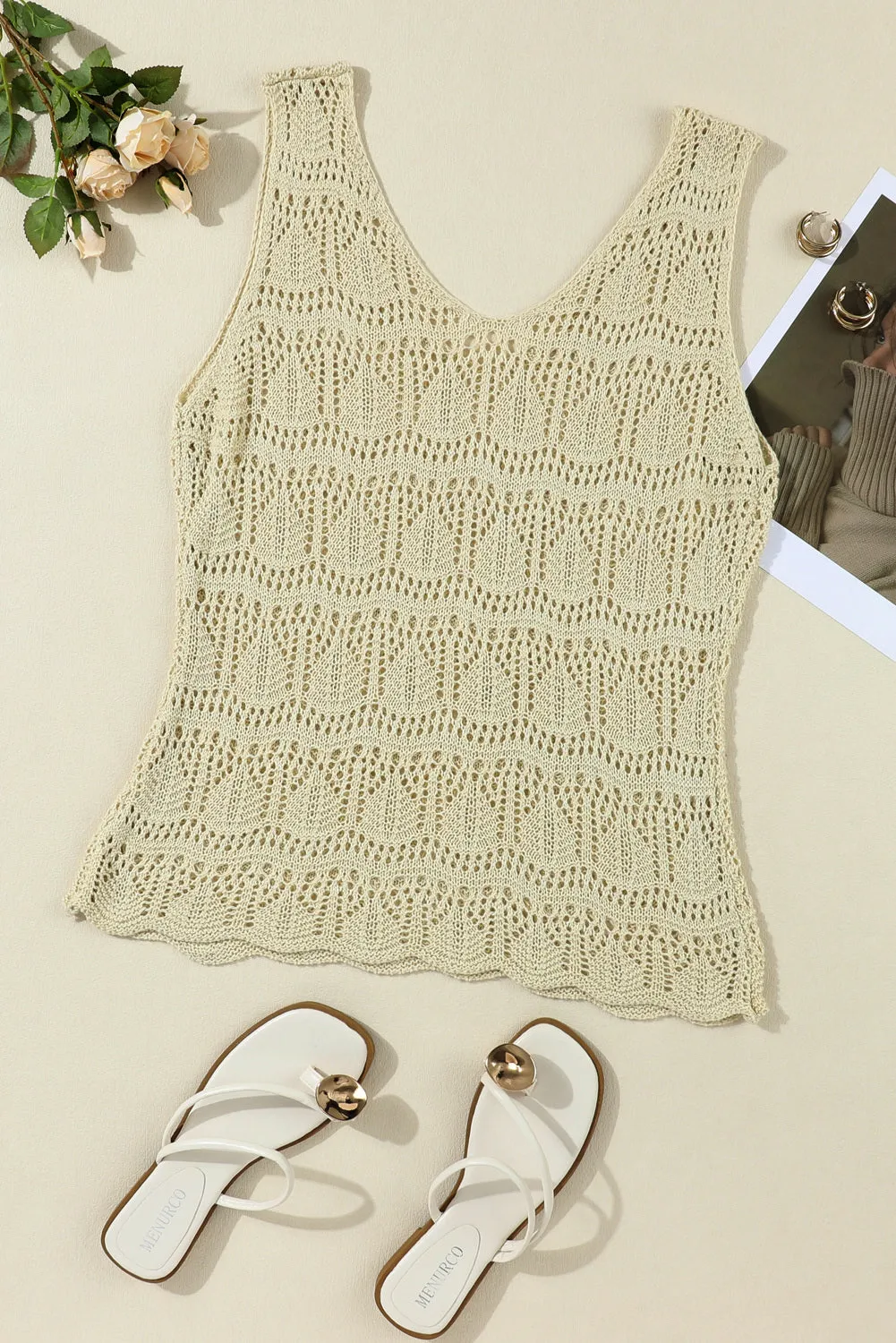 Womens V Neck Crochet Sleeveless Shirts Sweater Vest