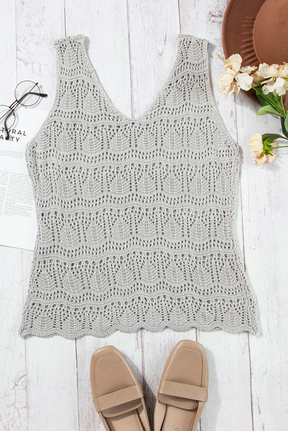 Womens V Neck Crochet Sleeveless Shirts Sweater Vest