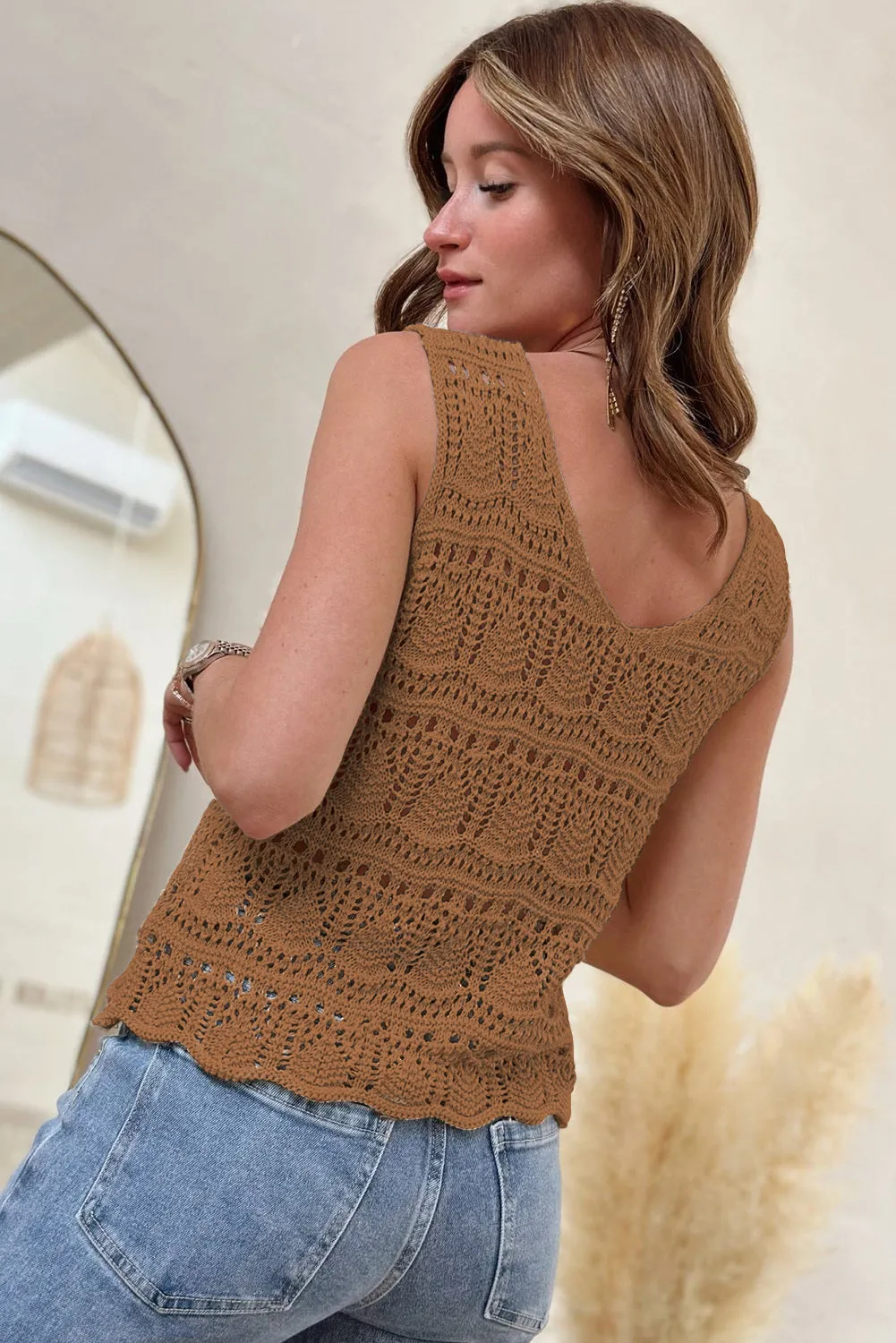 Womens V Neck Crochet Sleeveless Shirts Sweater Vest