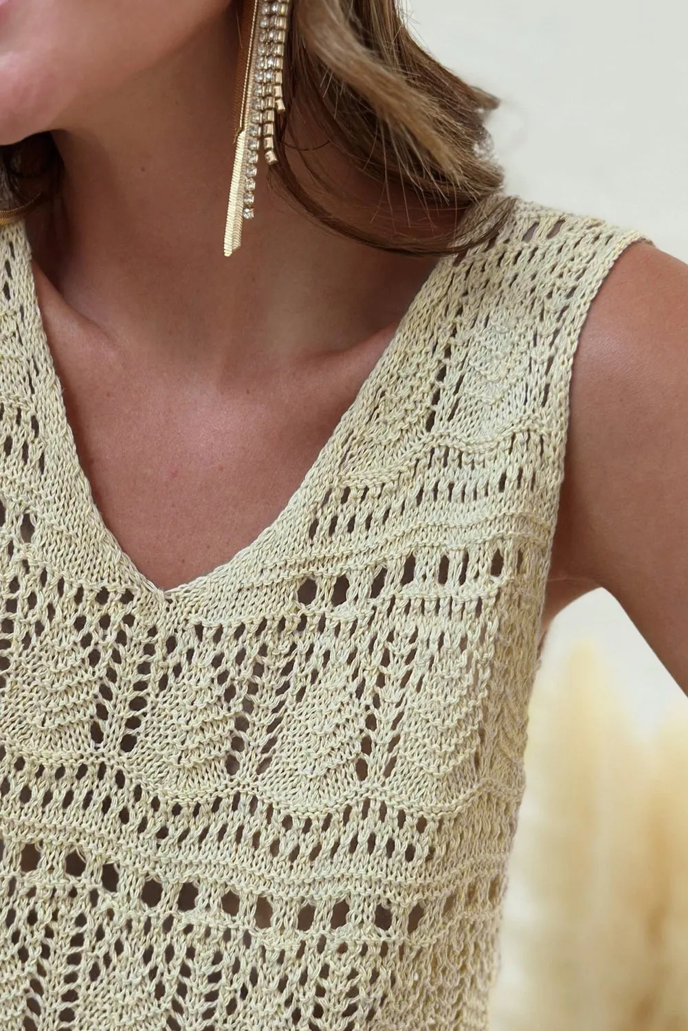 Womens V Neck Crochet Sleeveless Shirts Sweater Vest