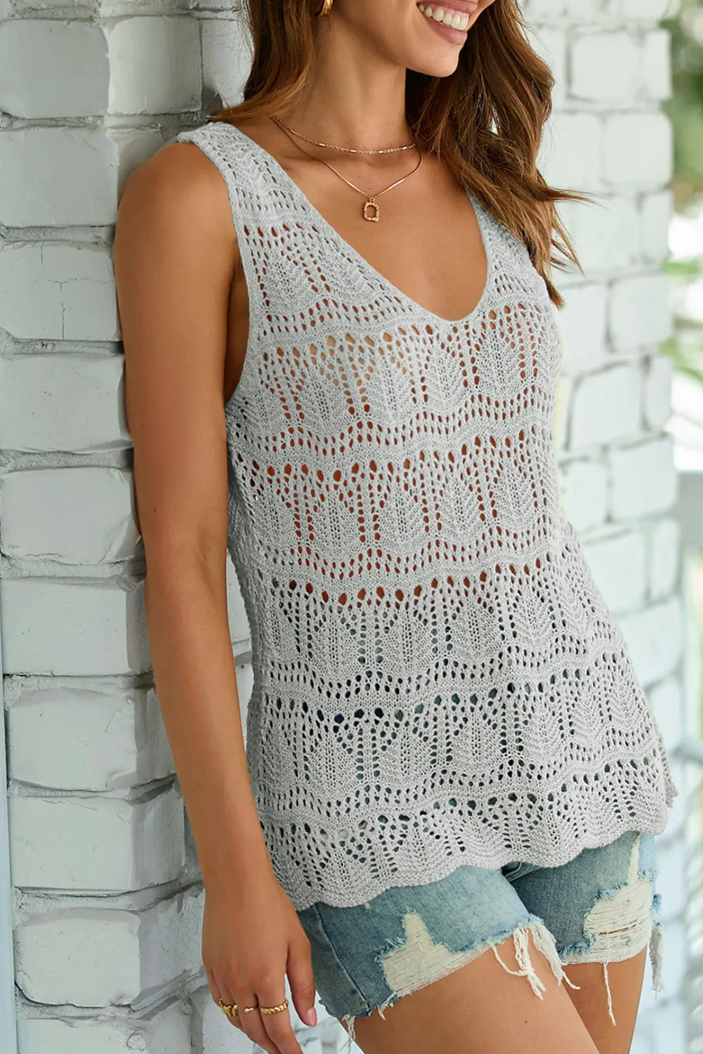 Womens V Neck Crochet Sleeveless Shirts Sweater Vest