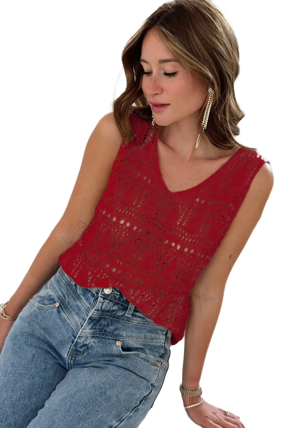 Womens V Neck Crochet Sleeveless Shirts Sweater Vest