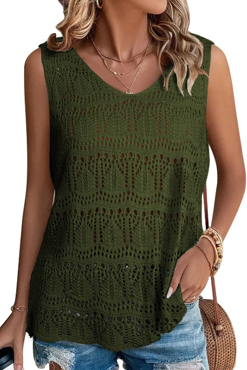 Womens V Neck Crochet Sleeveless Shirts Sweater Vest