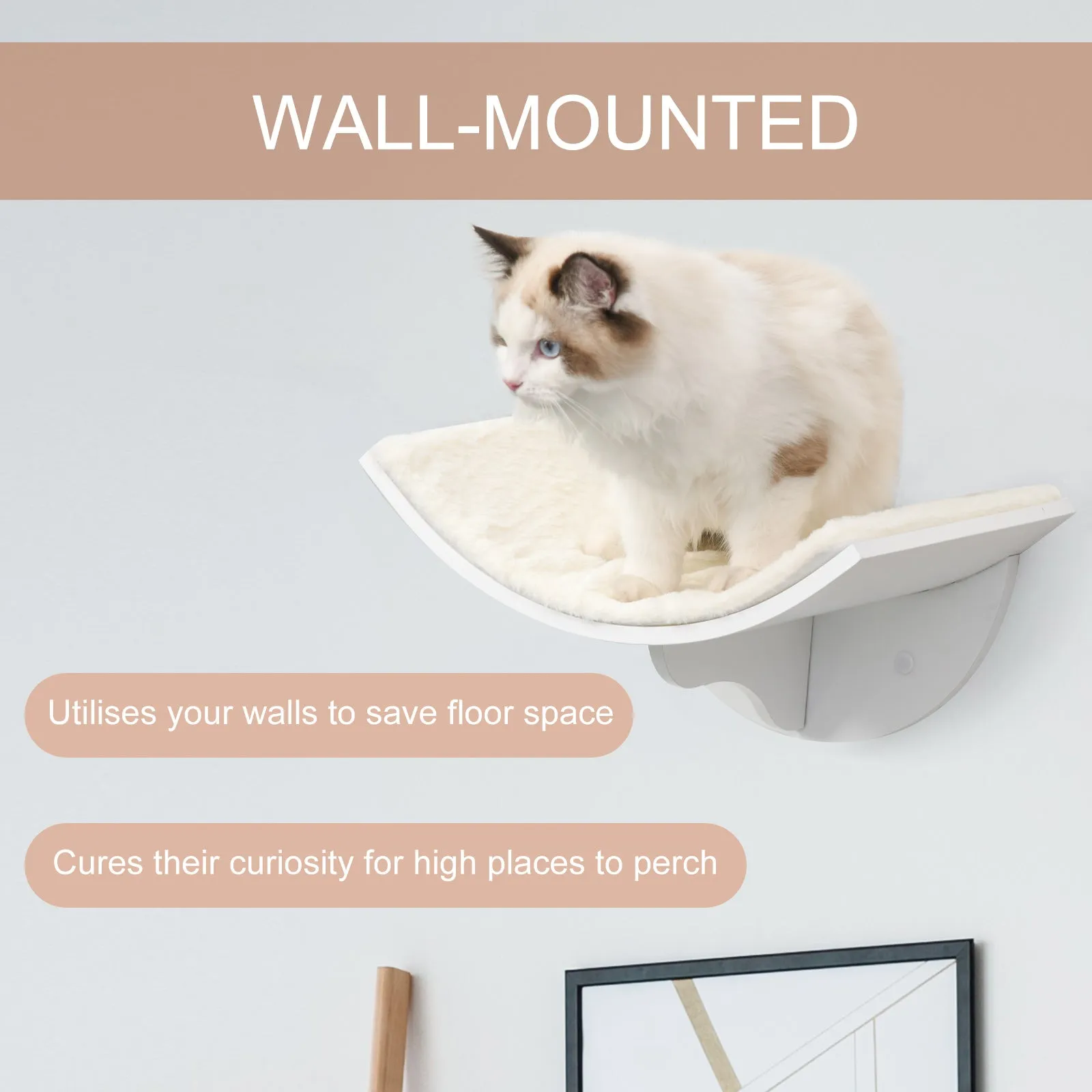 Wood Cat Shelves Wall-Mounted Shelter Curved Kitten Bed Cat Perch Climber Cat Furniture 41 x 28 x 21cm White