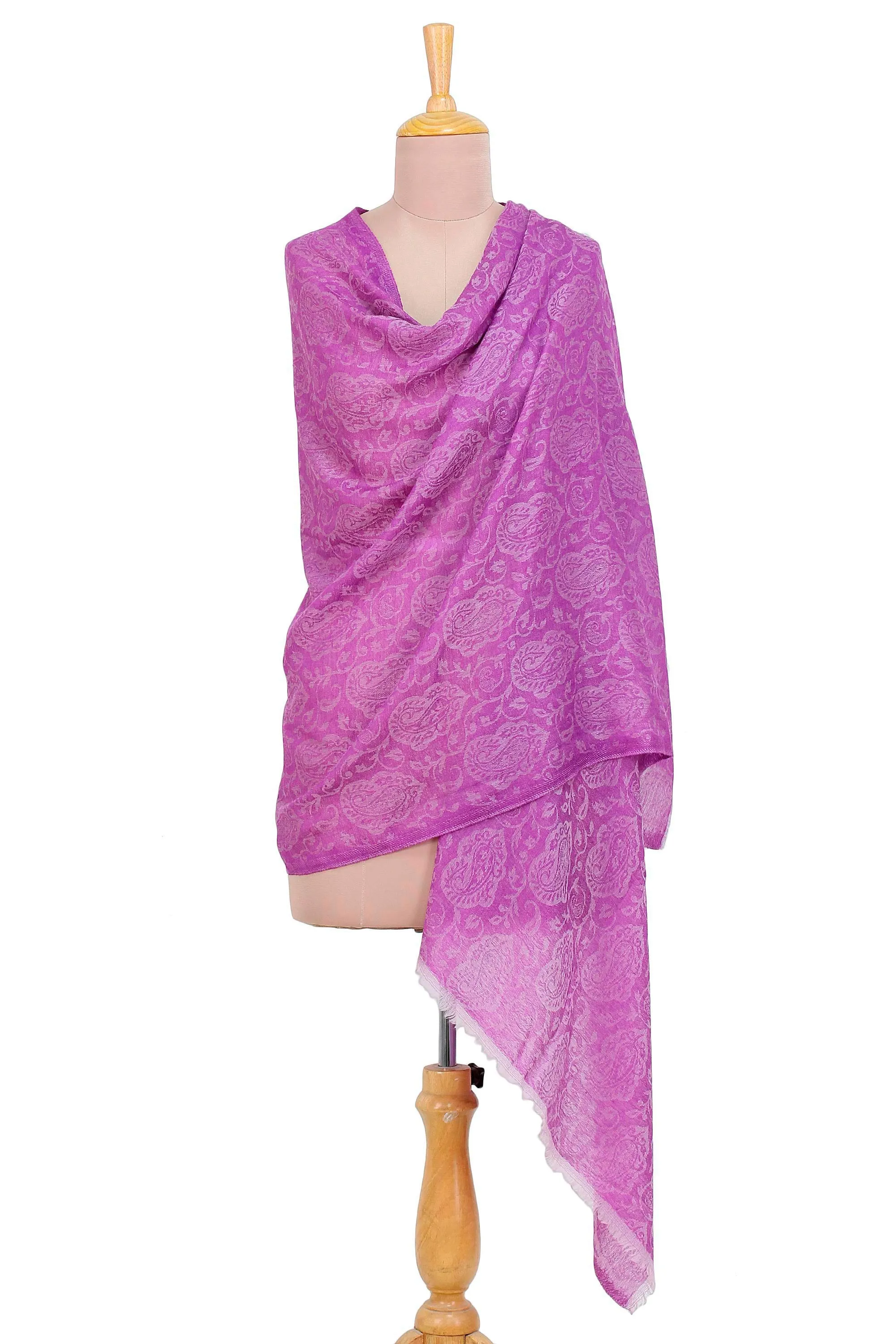 Woven Wool Shawl with Paisley Motifs in Wisteria from India - Wisteria Paisley | NOVICA