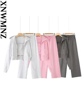 XNWMNZ New Women Solid Hoodie Pant Set Long Sleeve Hooded Coat Jacket   Tube Top   Elastic Waist Trousers Casual Sport Suits