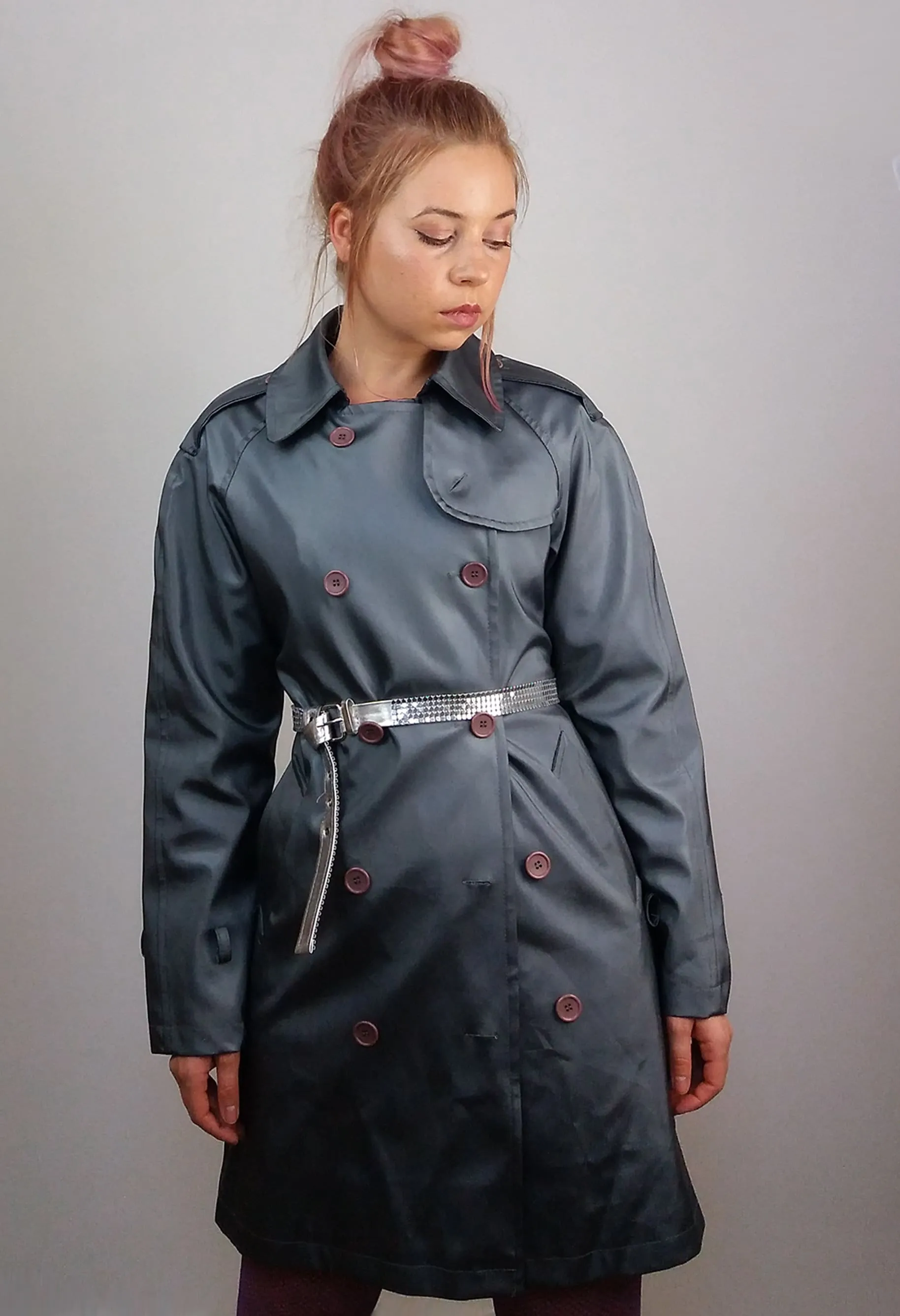 Y2K Shiny Trench-coat PVC in Liquid Grey - size XS-S